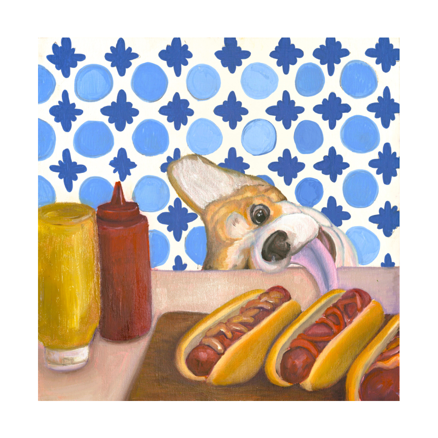 Corgi & Hot Dogs Fine Art Poster – Whimsical Pop Art Print