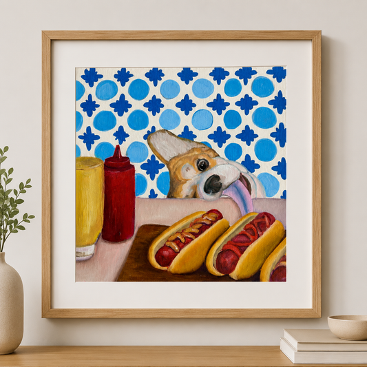 Hot Dog Stand Corgi Original Oil Painting