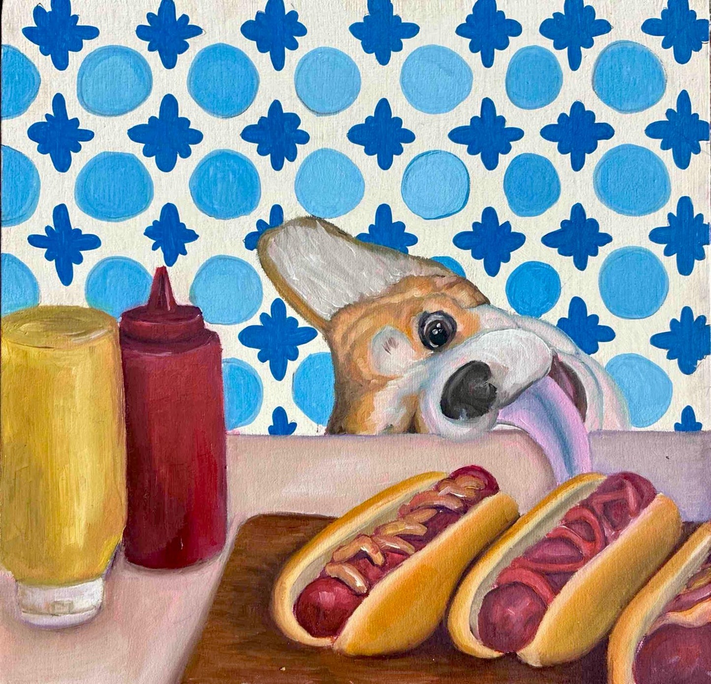 Hot Dog Stand Corgi Original Oil Painting
